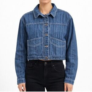 Nasky Blue Striped Cropped Denim Jacket Button Front Utility Chic Medium Streety